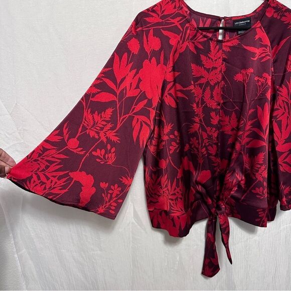 Liz Claiborne Career Red Floral Front Tie Blouse Size Large - Picture 3 of 8